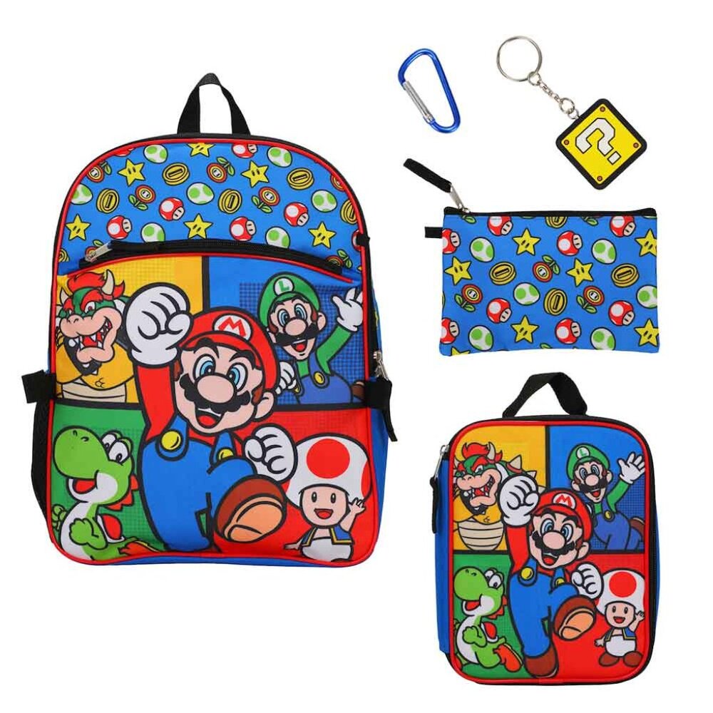 Super Mario Backpack and Lunch Box 5 Piece Set - Bowser, Mario, Luigi, Toad